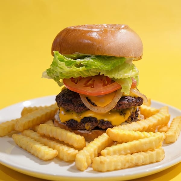 Double cheeseburger with lettuce, tomato, and onion, served with crinkle-cut fries on a white plate.