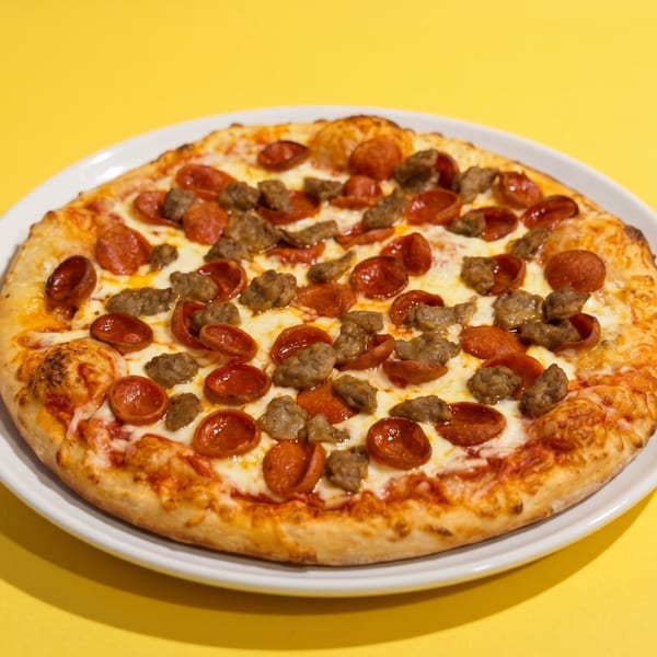 A whole pepperoni and sausage pizza on a white plate against a bright yellow background.