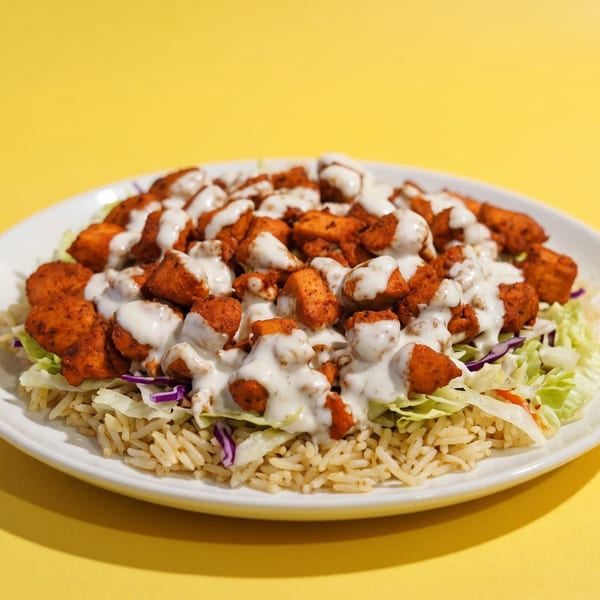 Chicken and rice platter with white sauce, shredded lettuce, and purple cabbage on a yellow background.