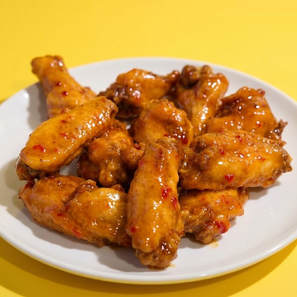 A white plate filled with golden-brown chicken wings coated in a sweet chili sauce on a yellow background.