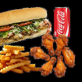 8" Cheesesteak + 6 Wings + Fries + Can Soda